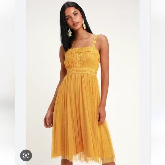Lulus Dresses & Skirts - LULU'S | Forever Young dress tulle lace swiss dot mustard yellow sz S